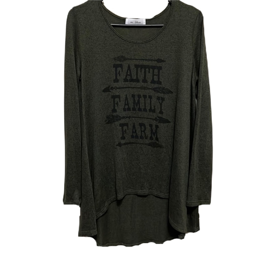 Women’s MY LAnd, Long Sleeves, High-Low, Top, Olive Green/Black, Size Medium